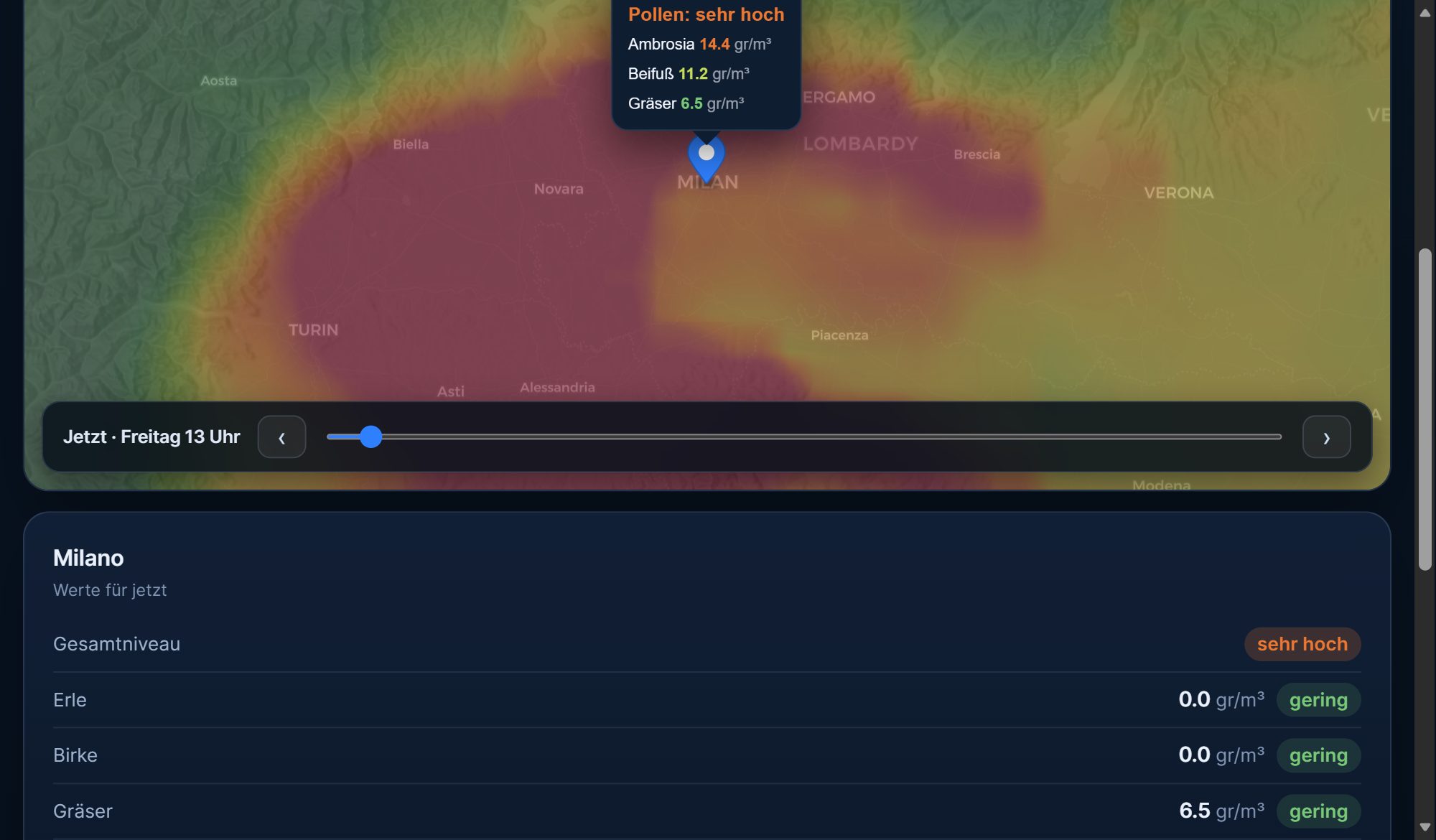 Pollen-Ansicht auf der ExtremeCast-Wetterkarte: Karte des Pollenindex mit dem Feld für Erle, Birke, Gräser, Beifuß, Olive und Ambrosia