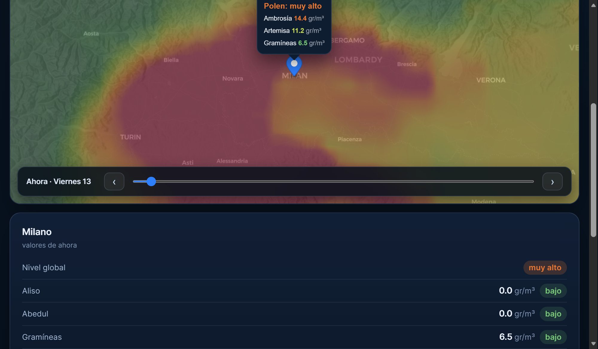 Vista Polen en el mapa del tiempo de ExtremeCast: mapa del índice de polen con el panel mostrando aliso, abedul, gramíneas, artemisa, olivo y ambrosía