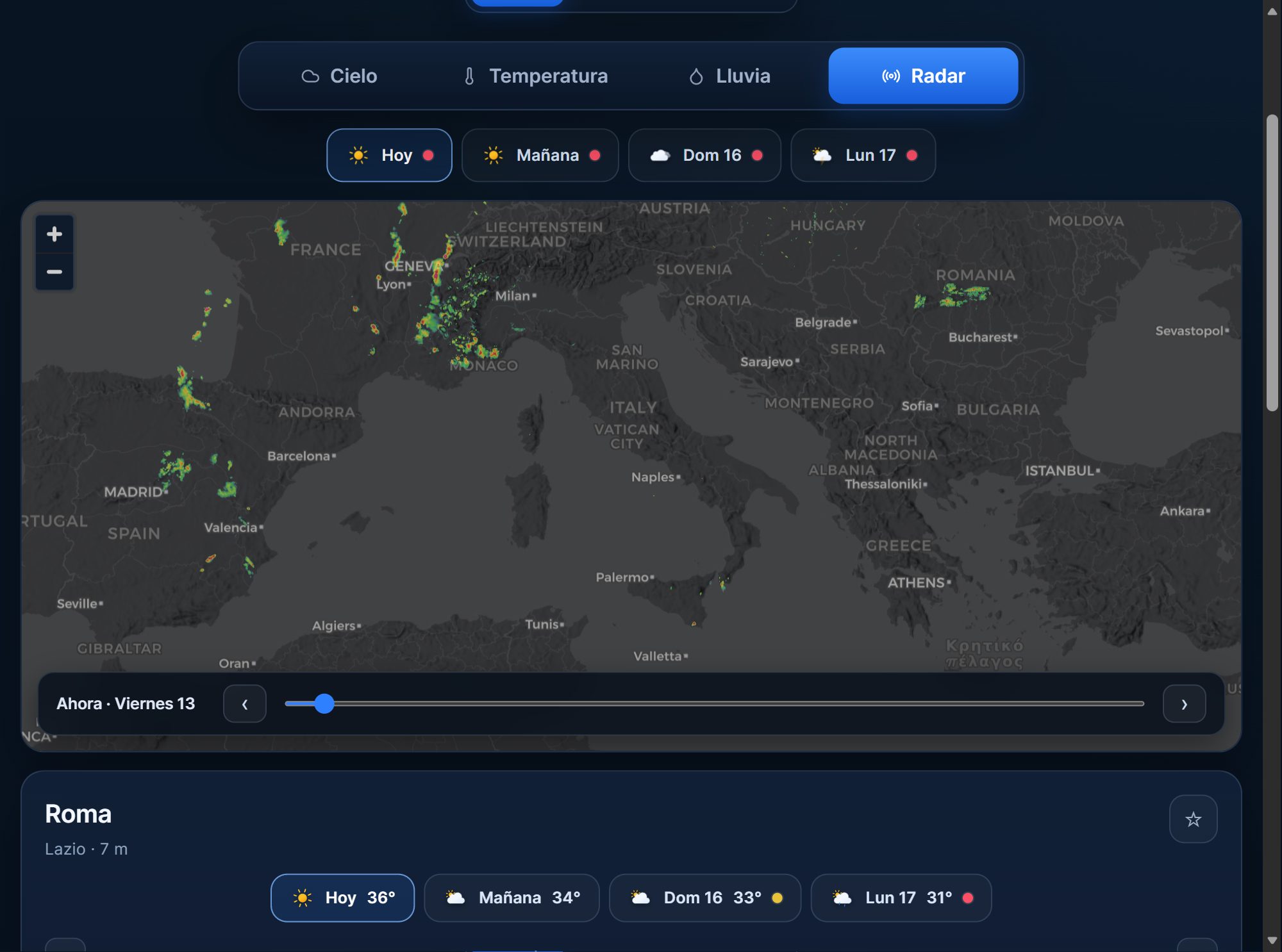 Capa Radar en el mapa del tiempo de ExtremeCast con los ecos de precipitación observada sobre Italia y Europa