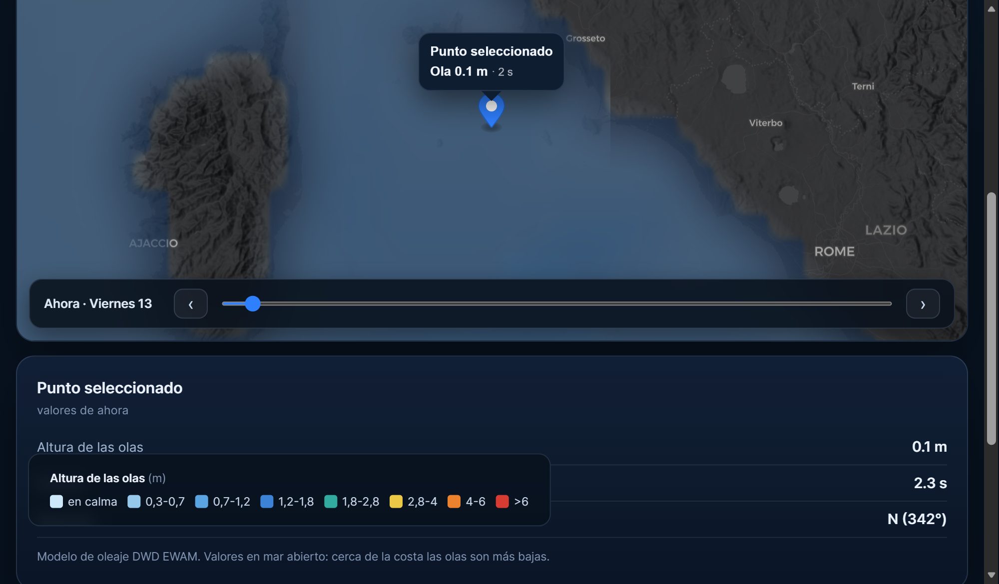 Vista Mar en el mapa del tiempo de ExtremeCast: mapa de altura de las olas con el panel mostrando altura, periodo y dirección