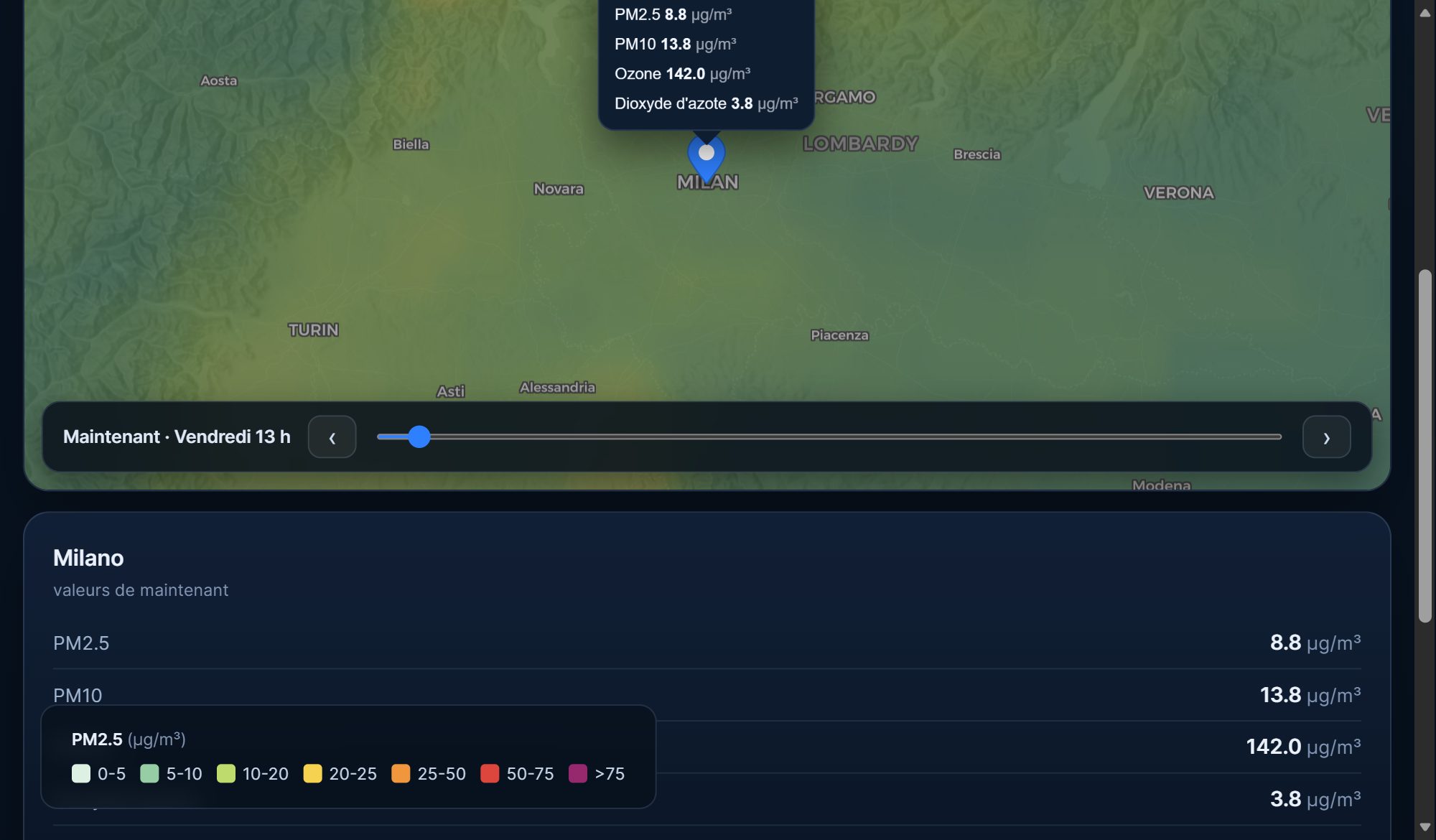 Vue Air sur la carte météo ExtremeCast : carte des PM2.5 avec le panneau affichant PM2.5, PM10, ozone et dioxyde d'azote