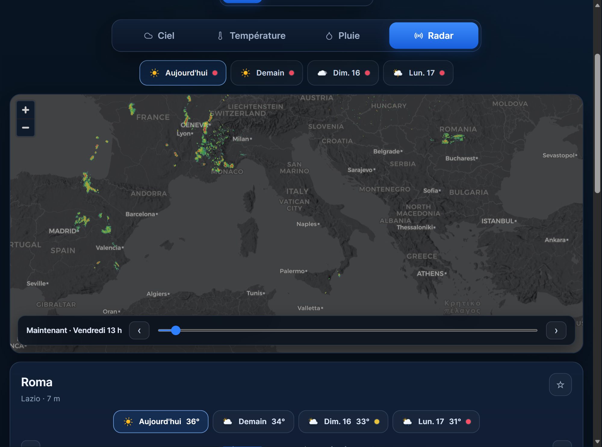 Couche Radar sur la carte météo ExtremeCast montrant les échos de précipitations observées sur l'Italie et l'Europe