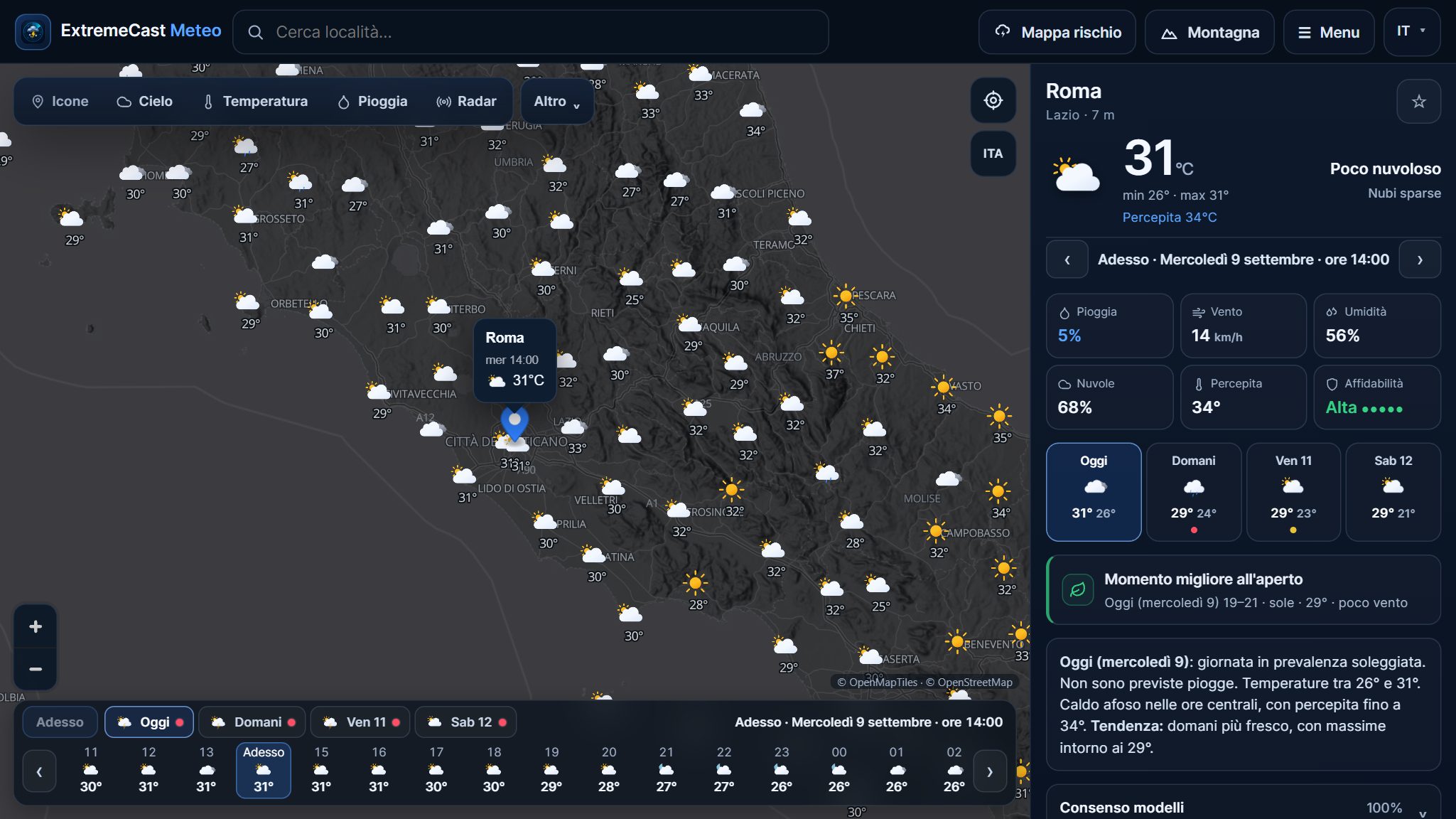 Il Meteo di ExtremeCast: mappa d'Italia con icone del tempo e temperature, scheda di Roma con previsione oraria