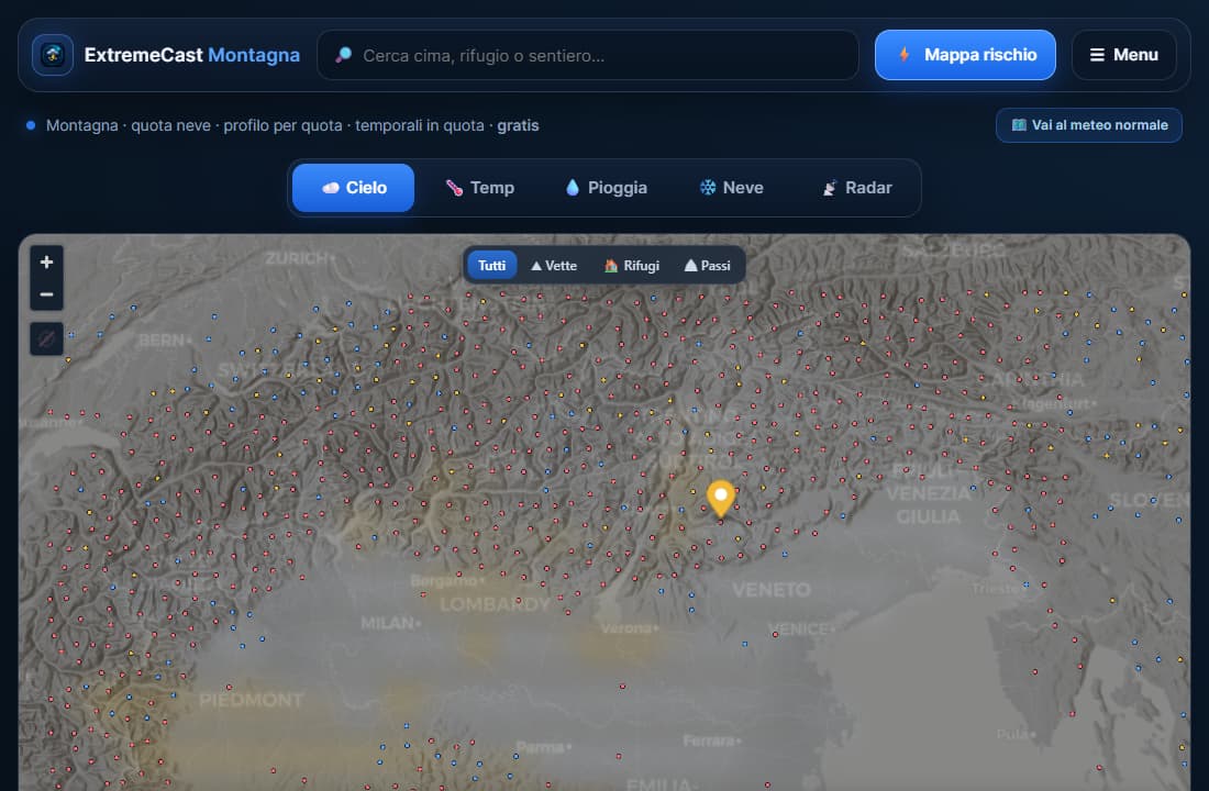 Montagna: mappa in rilievo con meteo alla quota reale