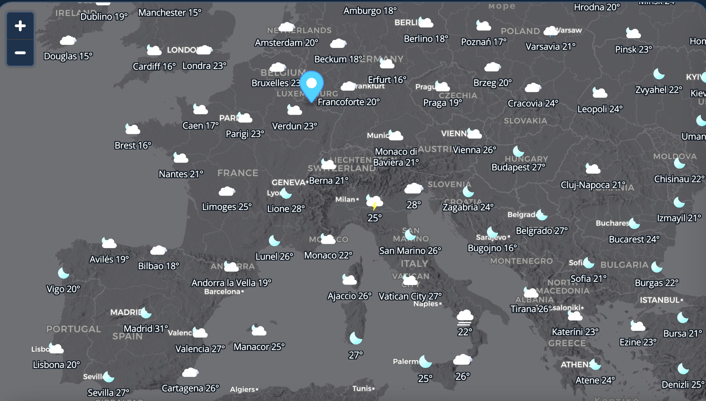 Europe map in icon mode at night with conditions and temperatures city by city