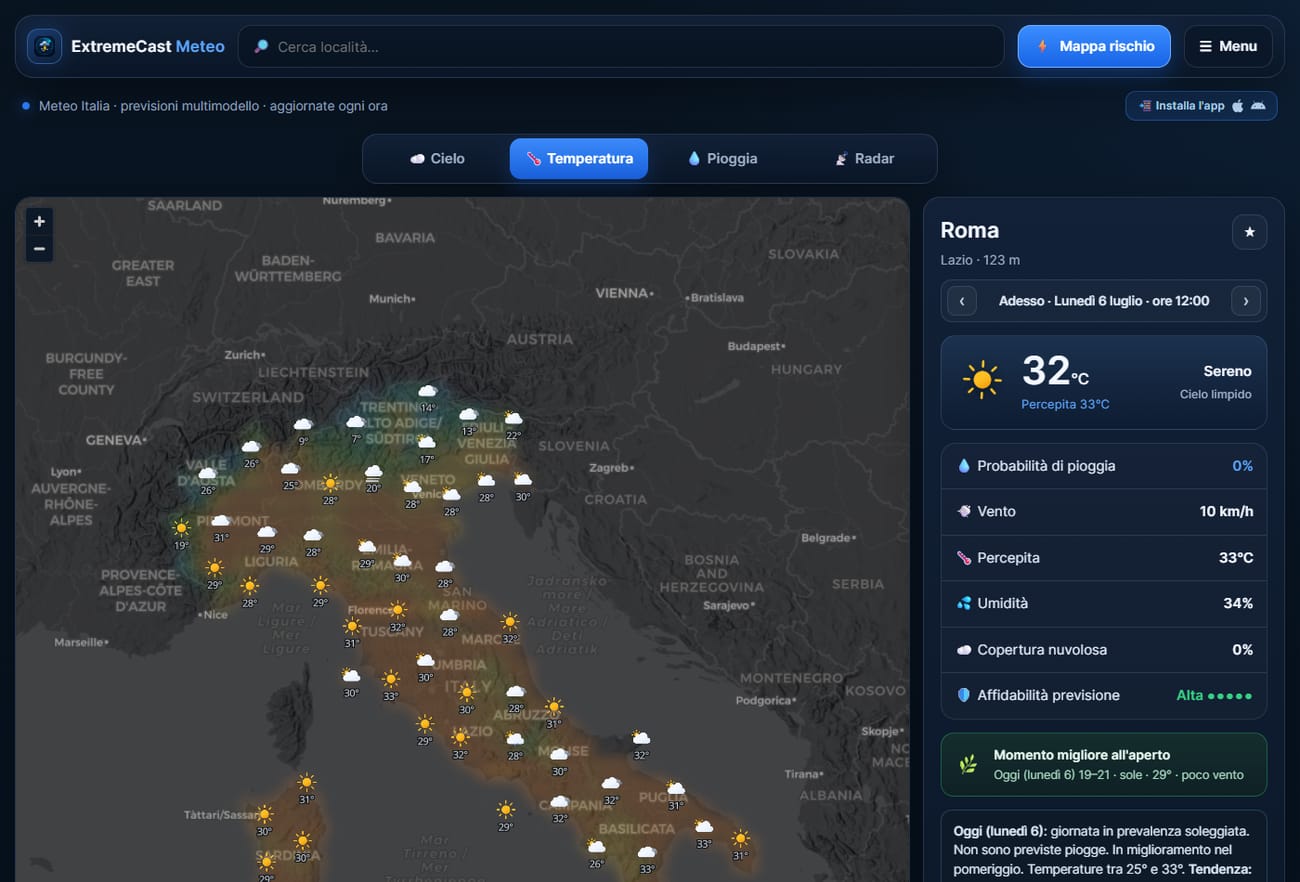 Layer Temperatura: mappa dell'Italia colorata per fasce termiche con i valori per zona