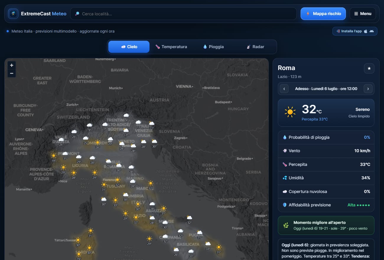 Mappa a icone dell'Italia con le condizioni meteo comune per comune e la scheda di Roma con temperatura, percepita, umidità, vento, affidabilità e momento migliore all'aperto