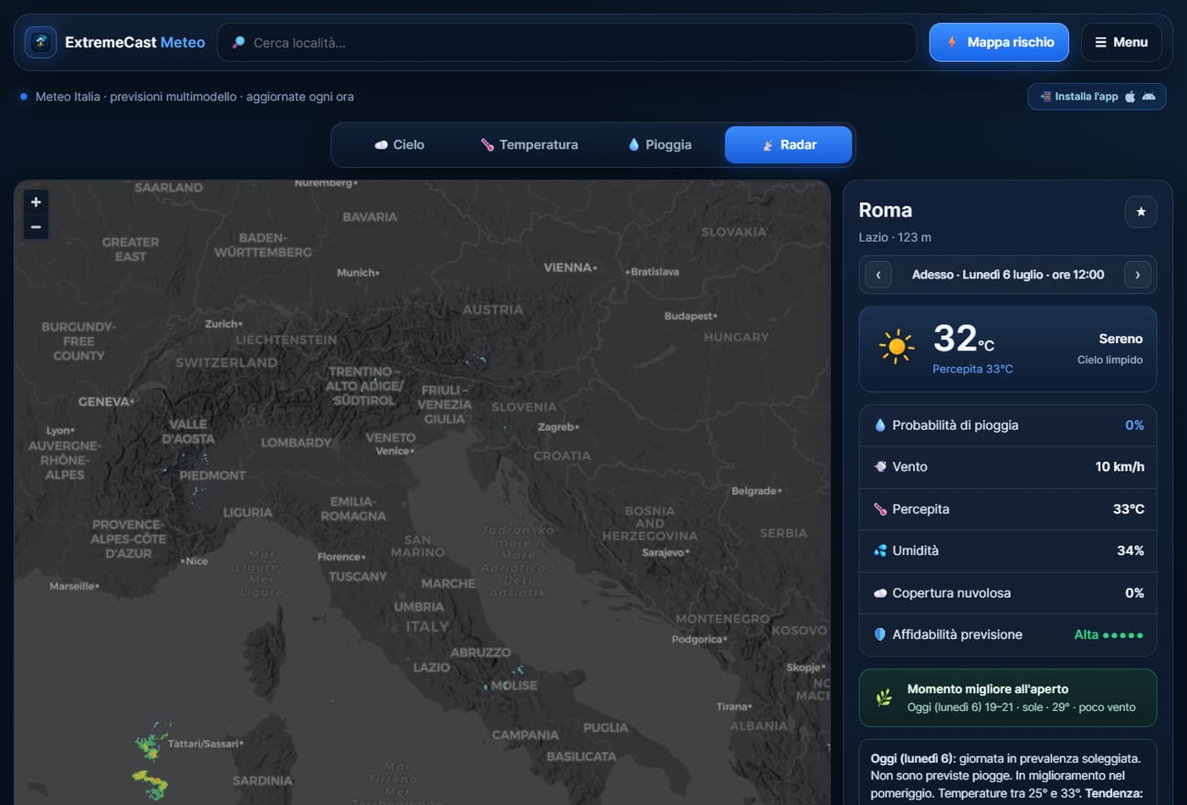 Layer Radar osservato: gli echi delle precipitazioni reali rilevate dal radar sulla mappa