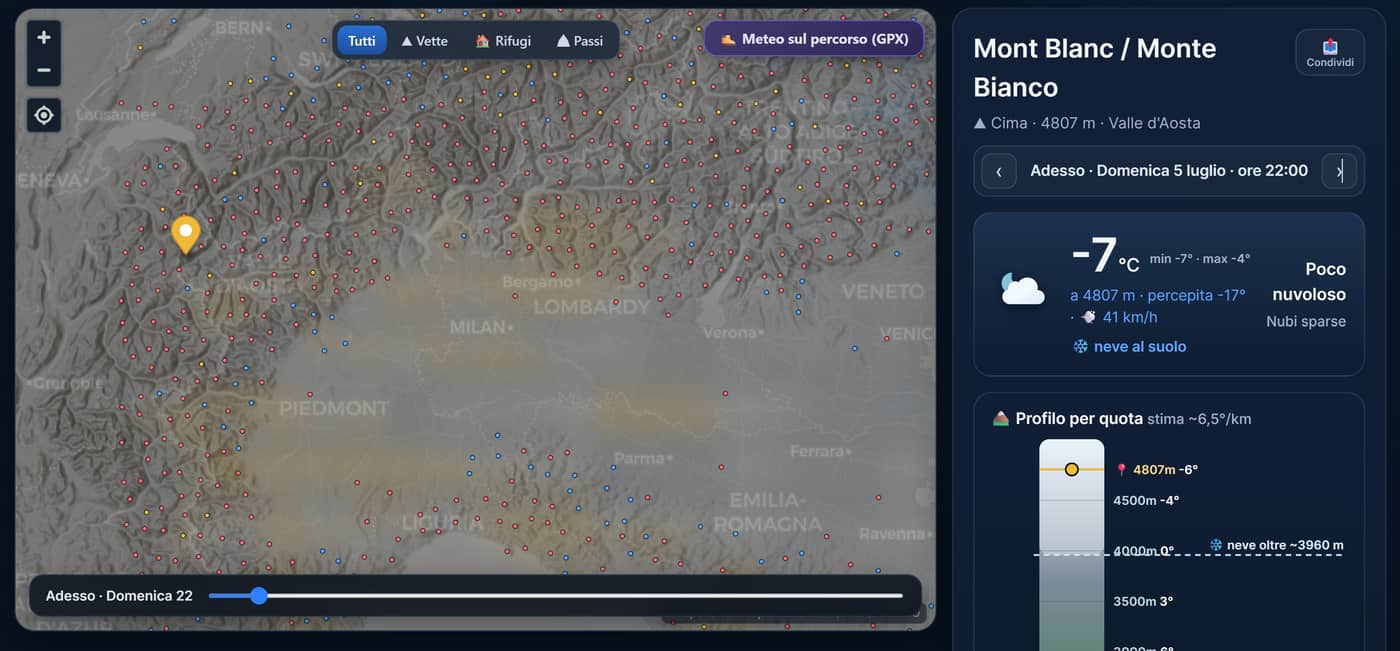 Mappa in rilievo delle Alpi con cime, rifugi e passi e scheda meteo alla quota reale