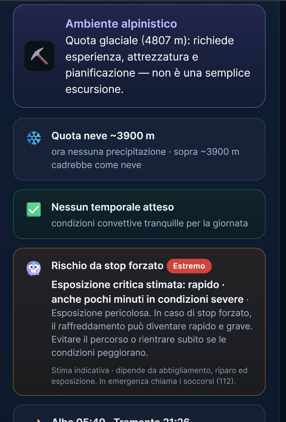 Schede di rischio montano: ambiente alpinistico oltre 3200 m, quota neve, nessun temporale atteso e rischio da stop forzato con esposizione critica