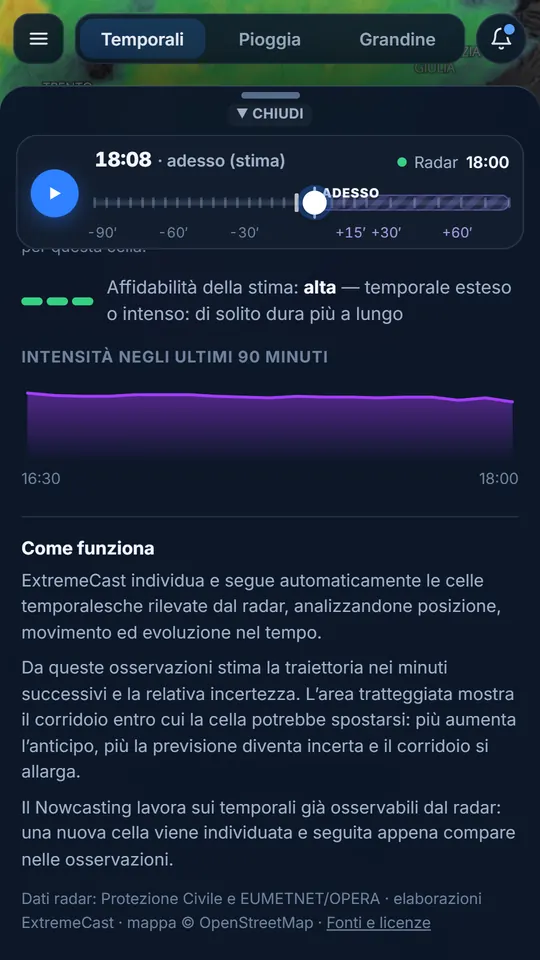 Dettaglio di un temporale in Nowcast: affidabilità della stima, intensità negli ultimi 90 minuti e la spiegazione Come funziona