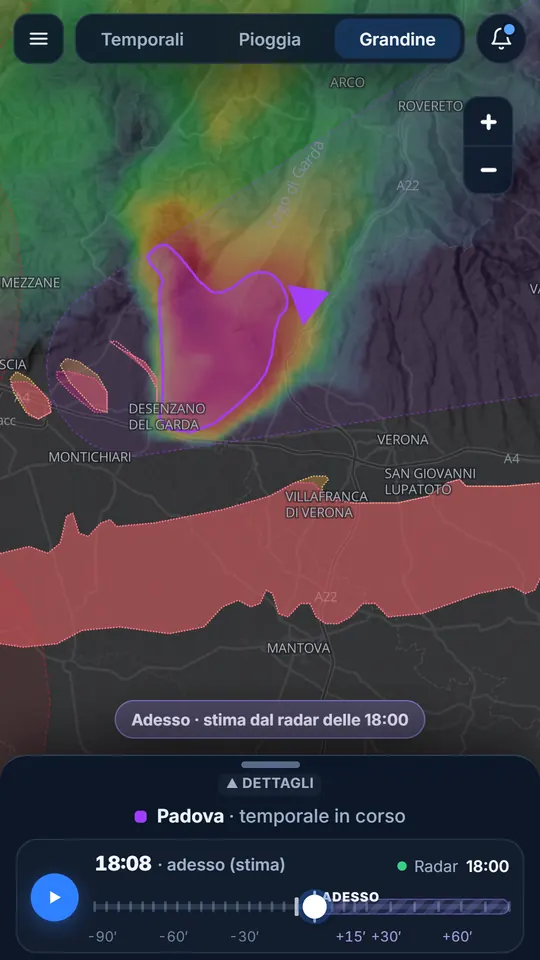 Modalità Grandine di Nowcast: la traccia della grandine osservata dal radar lungo il percorso di un temporale sul Garda