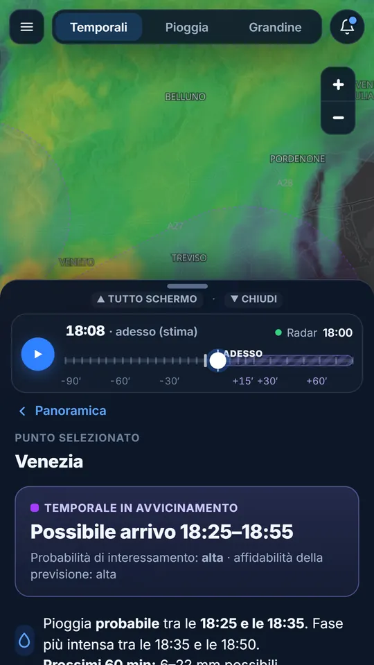 Scheda di Venezia in Nowcast: temporale in avvicinamento, possibile arrivo 18:25–18:55, probabilità di interessamento alta e affidabilità alta, con la pioggia prevista