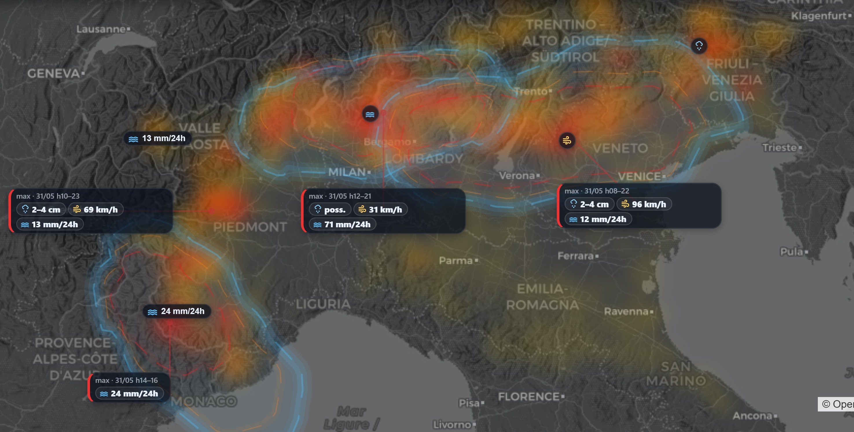 Mappa ExtremeCast: heatmap del rischio temporali severi e fasce temporalesche sul Nord Italia