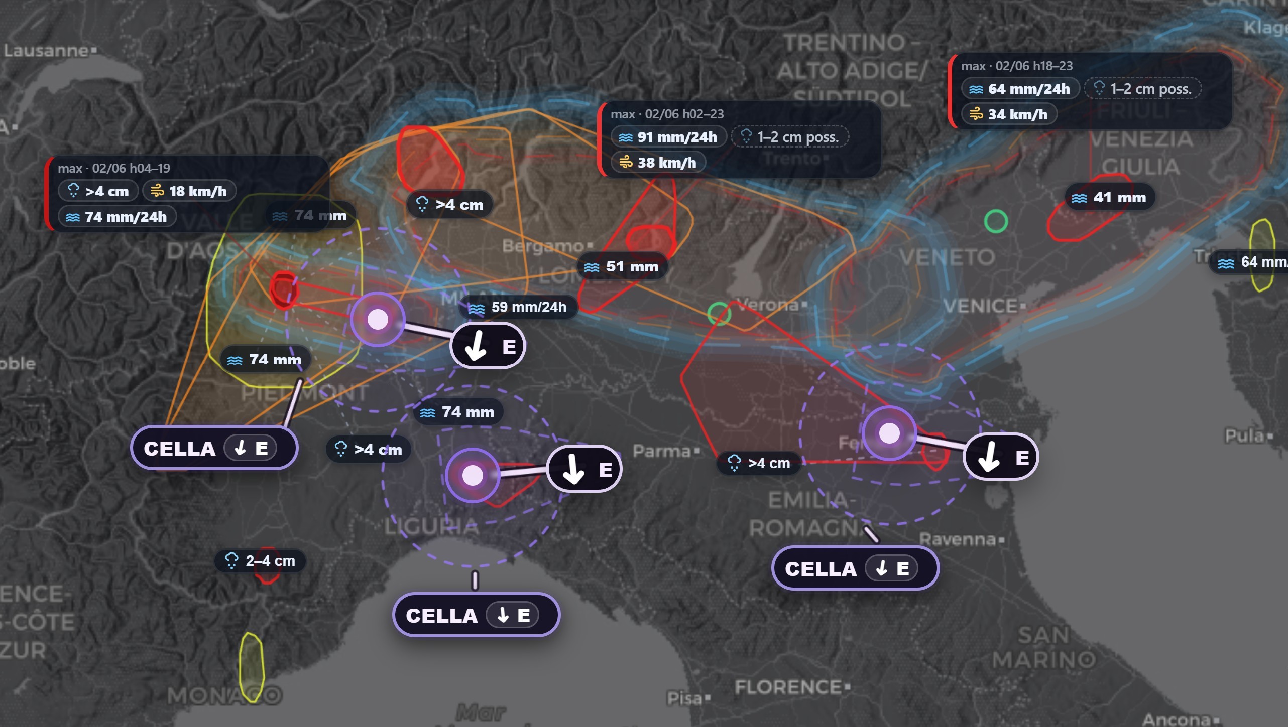 Mappa ExtremeCast: nuclei e celle temporalesche sul Nord Italia con grandine, raffiche e pioggia stimate