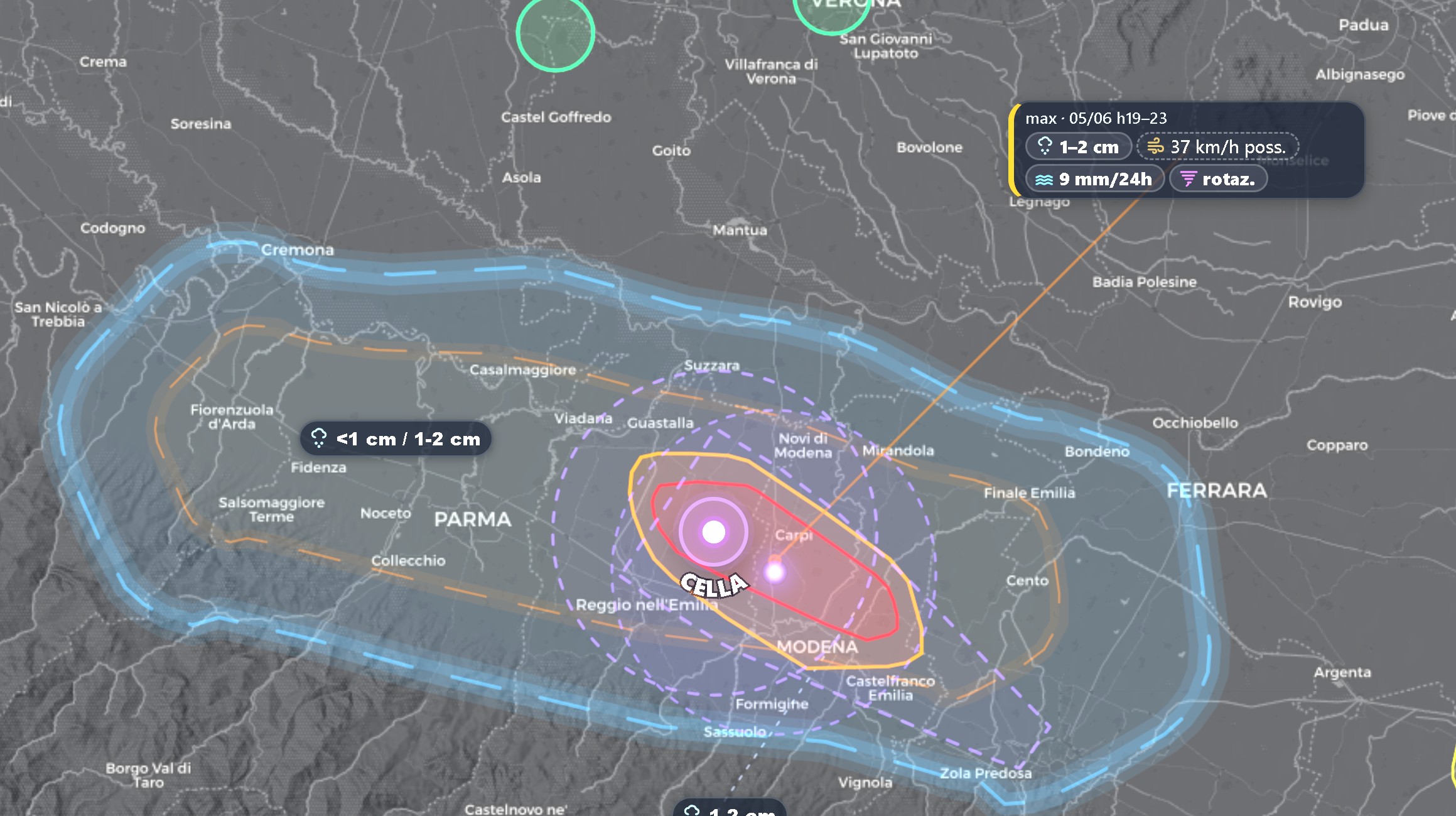 Mappa ExtremeCast: una cella temporalesca con stima grandine 1–2 cm, fasce temporalesche e zone di rischio tra Modena e Carpi
