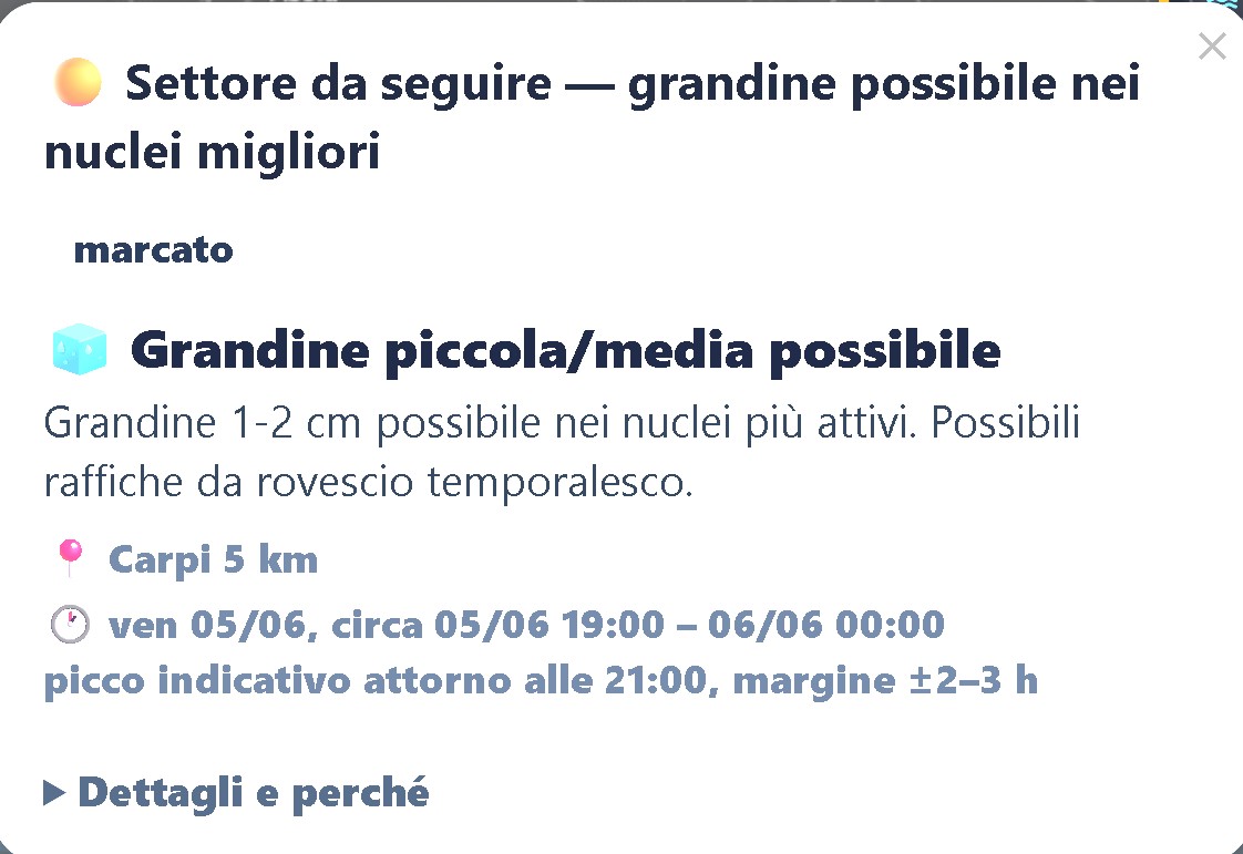 Scheda di dettaglio ExtremeCast: grandine 1–2 cm possibile nei nuclei più attivi, con finestra oraria e picco stimato per la zona di Carpi